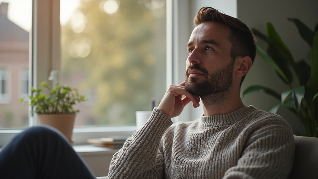 Man in reflectieve houding zittend aan raam met denkensblik, natuurlijk daglicht