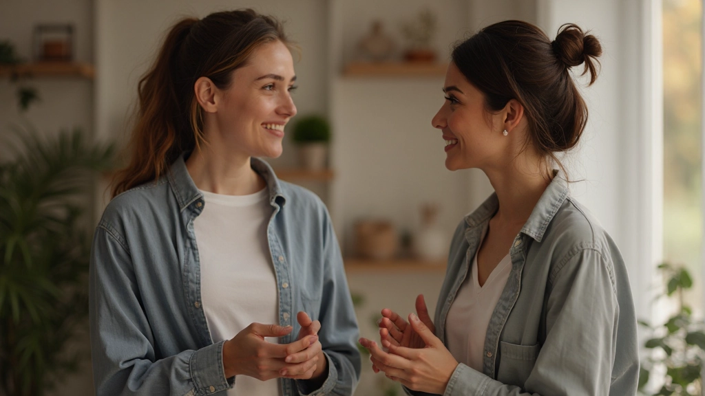 Twee personen in openhartig gesprek, gezichten naar elkaar, warme verlichting in huiselijke omgeving