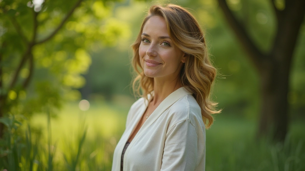 Vrouw met serene uitdrukking buiten in de natuur omgeven door groen
