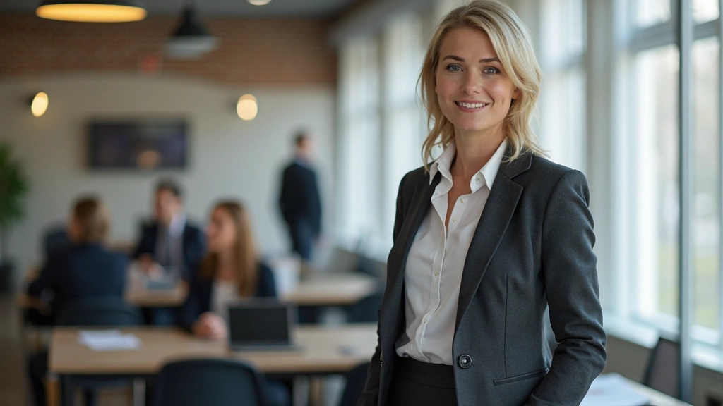 Vrouw met handen op heupen in zelfbewuste pose in trainingscentrum met natuurlijk licht