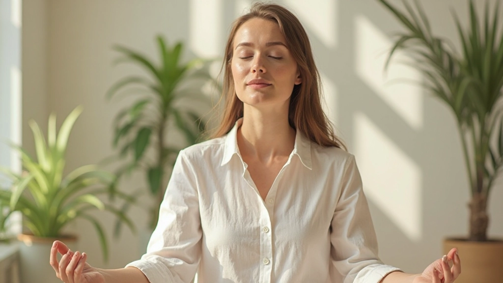 Vrouw met gesloten ogen in vredige meditatiehouding in een lichte zonnige ruimte