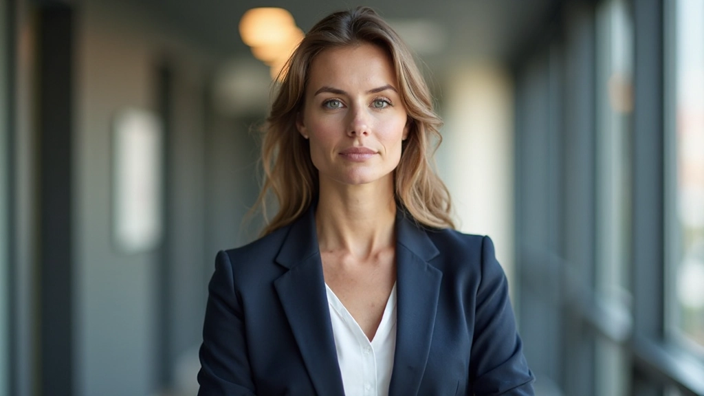 Vrouw die vooruit kijkt met vastberaden blik in professionele omgeving